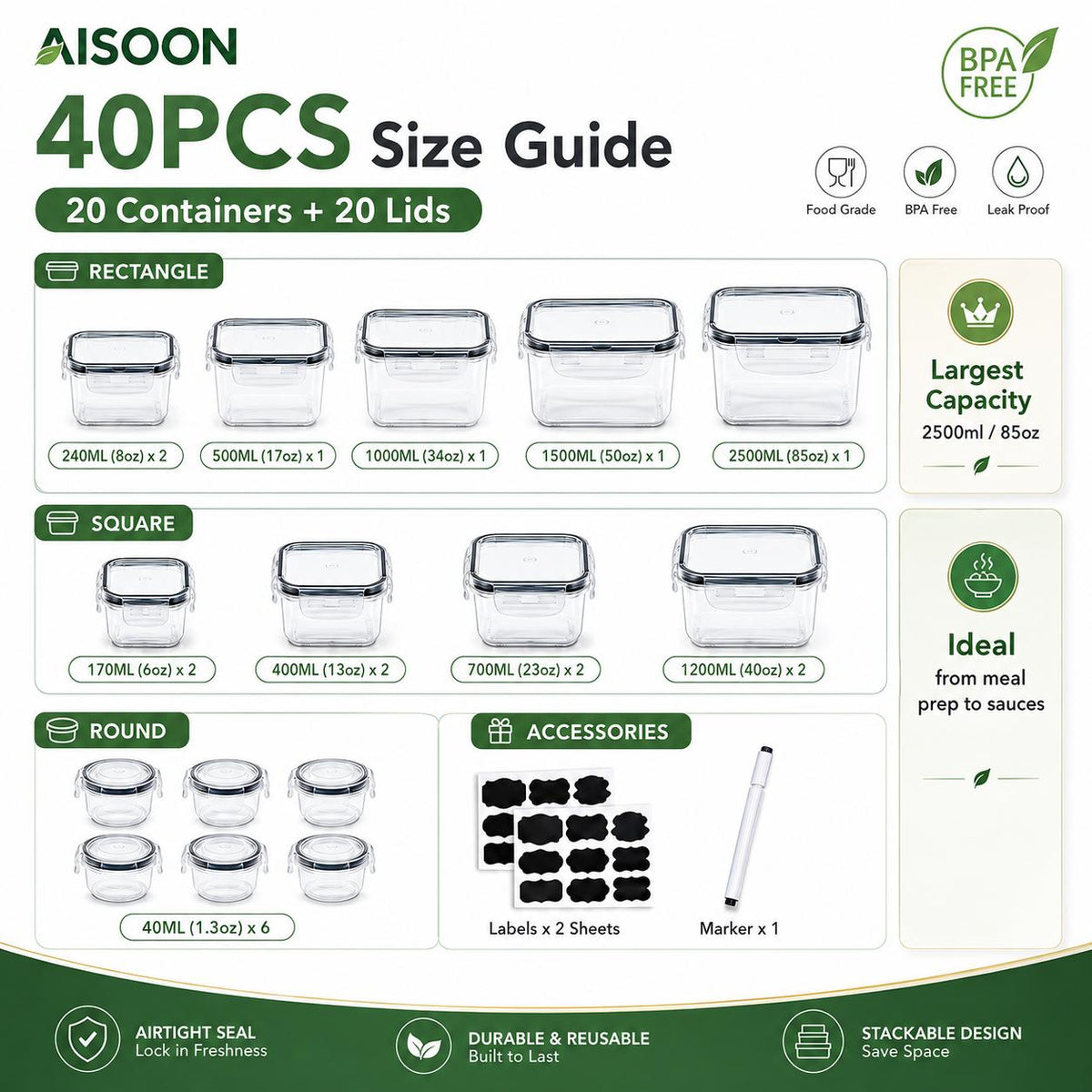 AISOON®️ 40 Pcs 20 Packs Food Storage Container Set – Airtight BPA-Free Meal Prep Containers