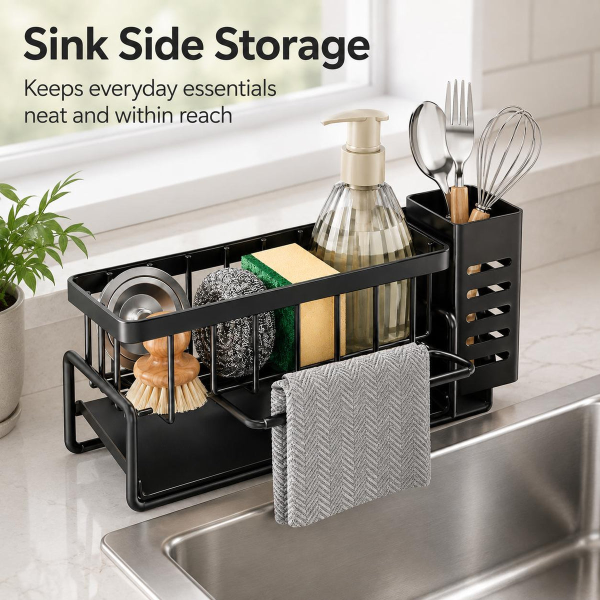 AISOON®️ Compact Carbon Steel Sink Caddy Organizer with Drain Tray