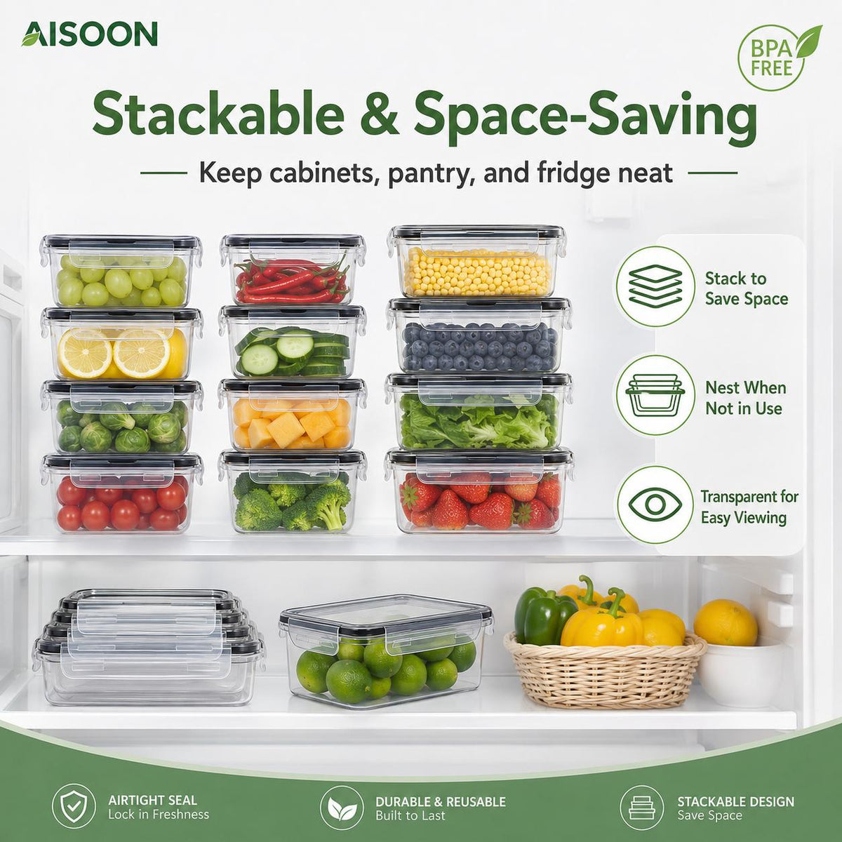 AISOON®️ 40 Pcs 20 Packs Food Storage Container Set – Airtight BPA-Free Meal Prep Containers