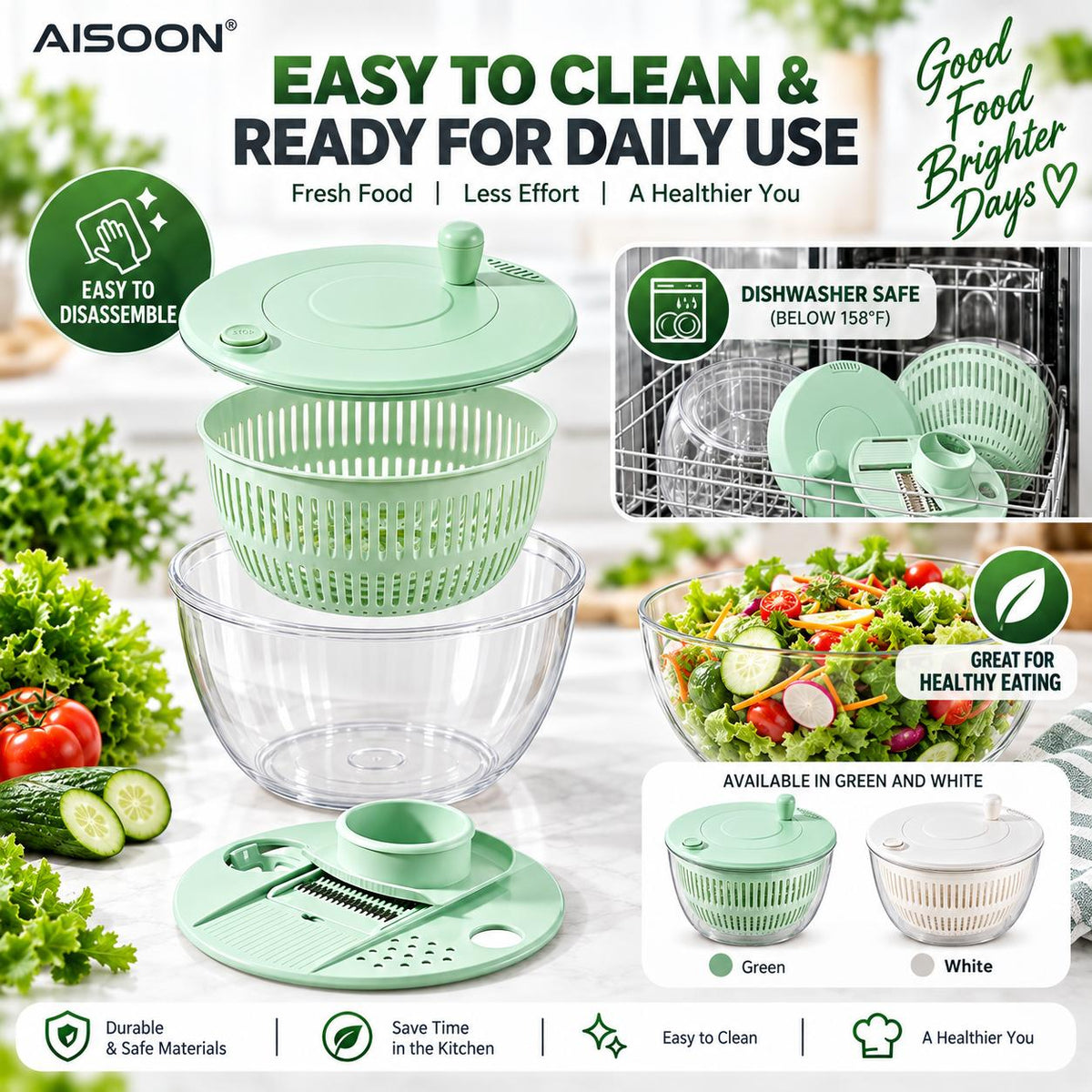 AISOON®️ 5.3 Qt 3-in-1 Salad Spinner, Vegetable Washer & Food Slicer with 5 Interchangeable 304 Stainless Steel Blades