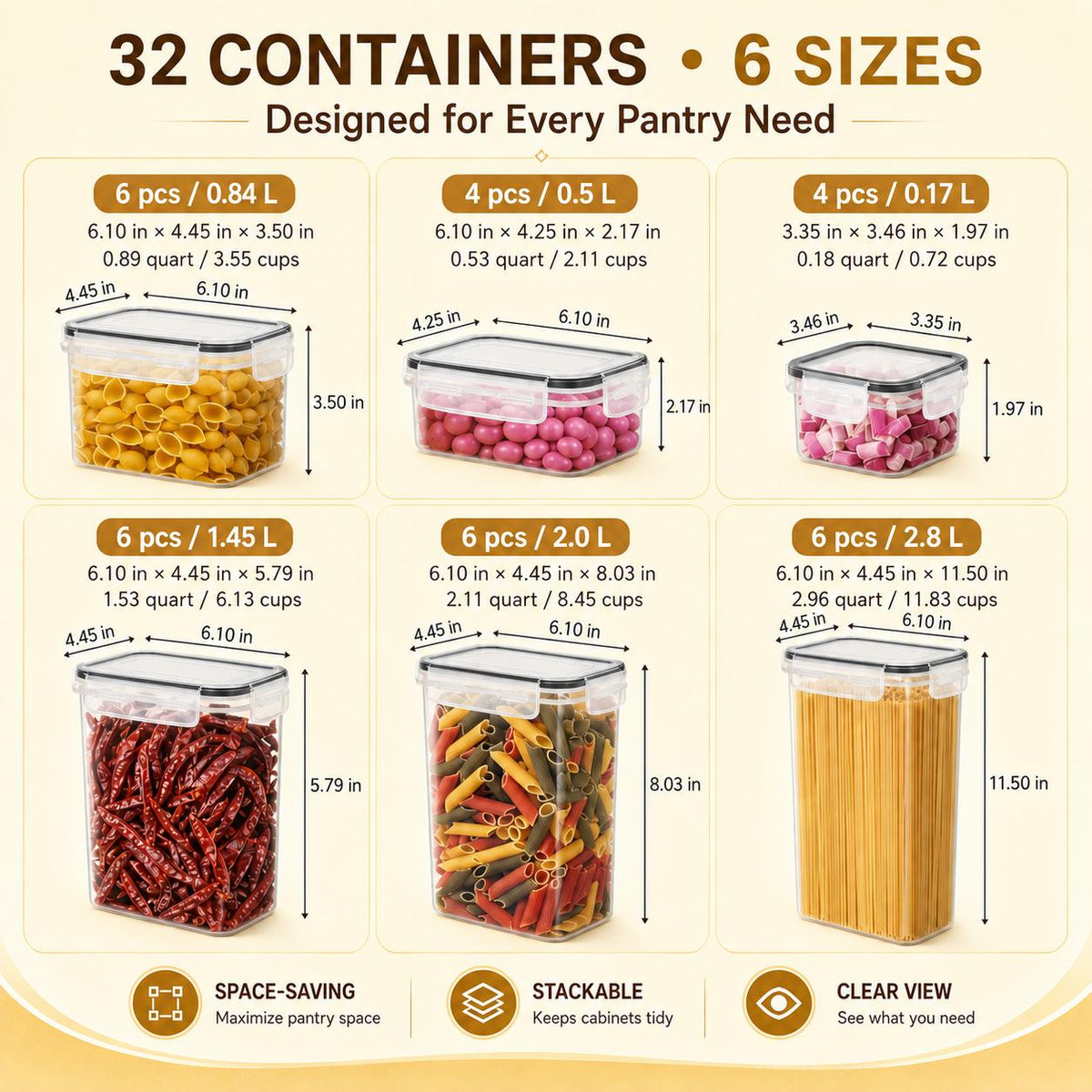 AISOON®️ 32 PACK Plastic Kitchen Canisters Set - BPA-Free Silicone-Sealed Stackable Snack Containers