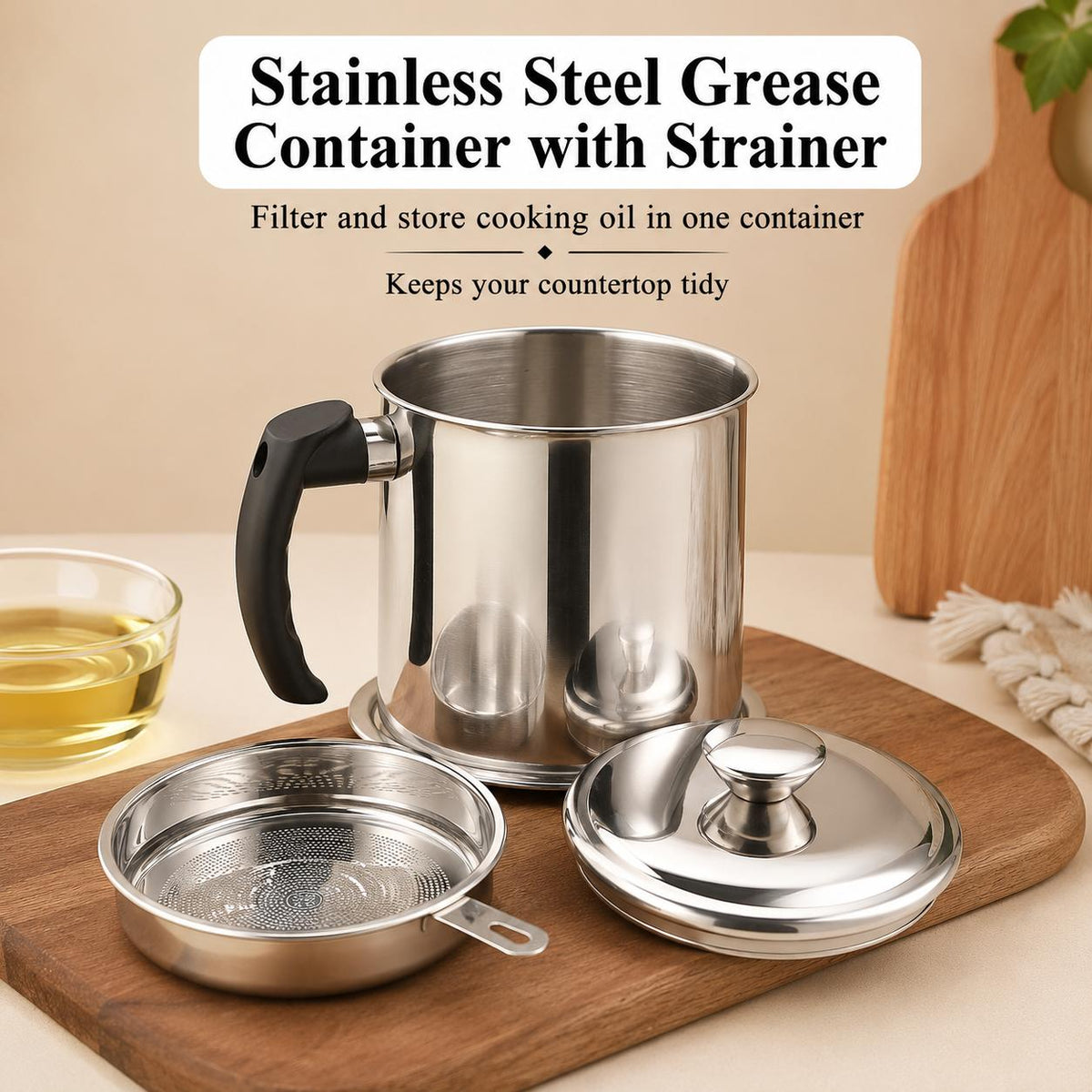 AISOON®️ 1400ML Bacon Grease Container with Strainer, 304 Stainless Steel Oil Filter Pot