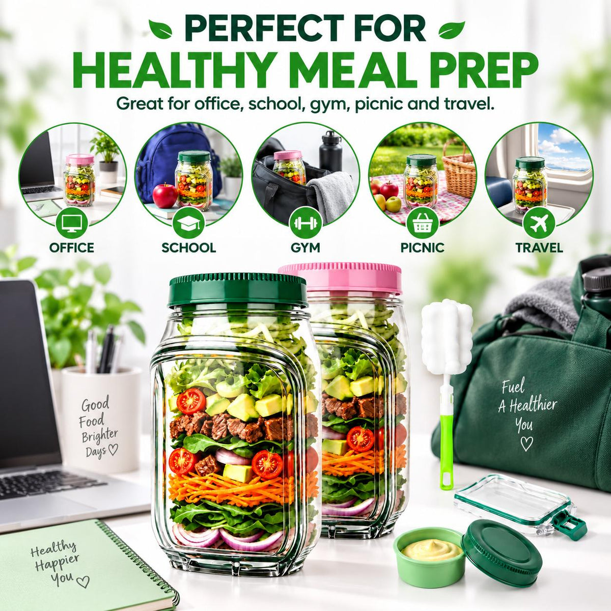 AISOON®️ 35oz Reusable Salad Jar with Dressing Cup, Side Opening & Leakproof Lid