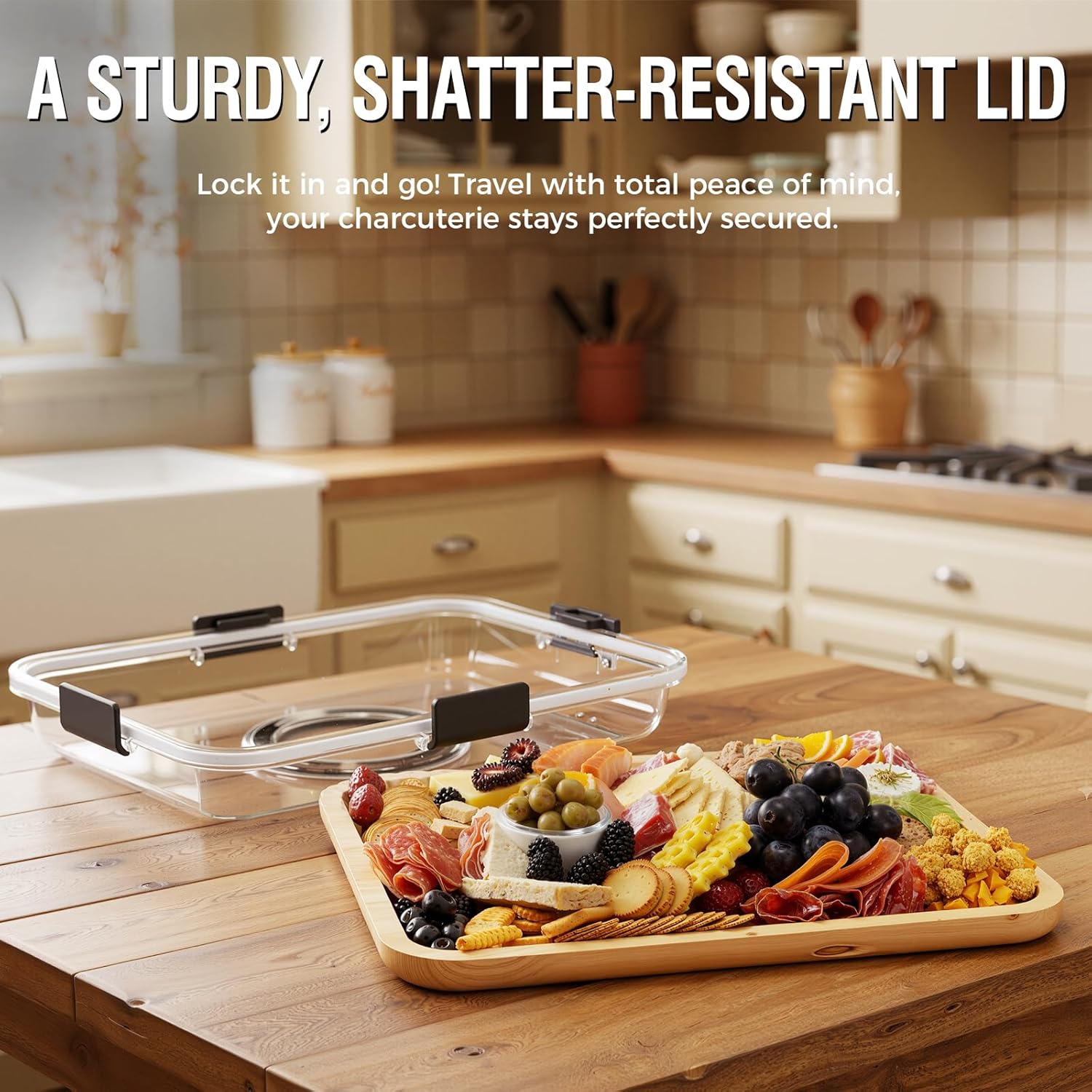 Portable Charcuterie Board with Clear Lid – Reversible Bamboo Cheese & Snack Tray with Handle, 6 Compartments, Airtight Latches for Parties & Picnics