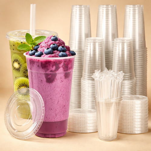 50-Pack Clear Plastic Iced Coffee Cups (12–32 oz) with Lids & Paper Straws – Disposable To-Go Cups for Smoothies, Milkshakes, Cold Drinks & Coffee Bar Supplies
