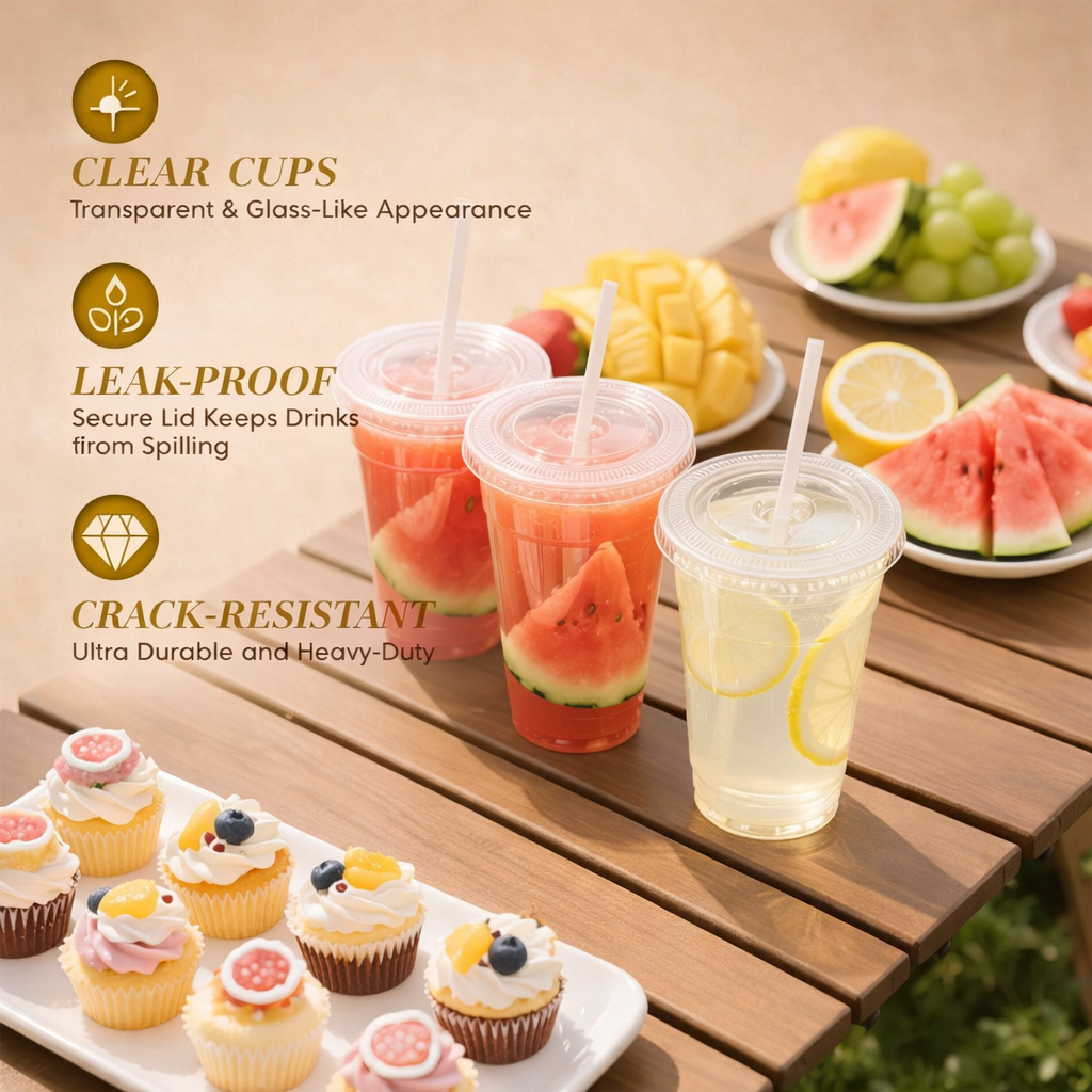 50-Pack Clear Plastic Iced Coffee Cups (12–32 oz) with Lids & Paper Straws – Disposable To-Go Cups for Smoothies, Milkshakes, Cold Drinks & Coffee Bar Supplies
