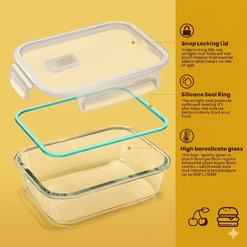 8 Pack Borosilicate Glass Food Storage Containers Set with Airtight Lids & Free Wheat Straw Utensils – Stackable BPA-Free Meal Prep Containers, Oven Microwave Freezer Dishwasher Safe (Rectangular & Square)