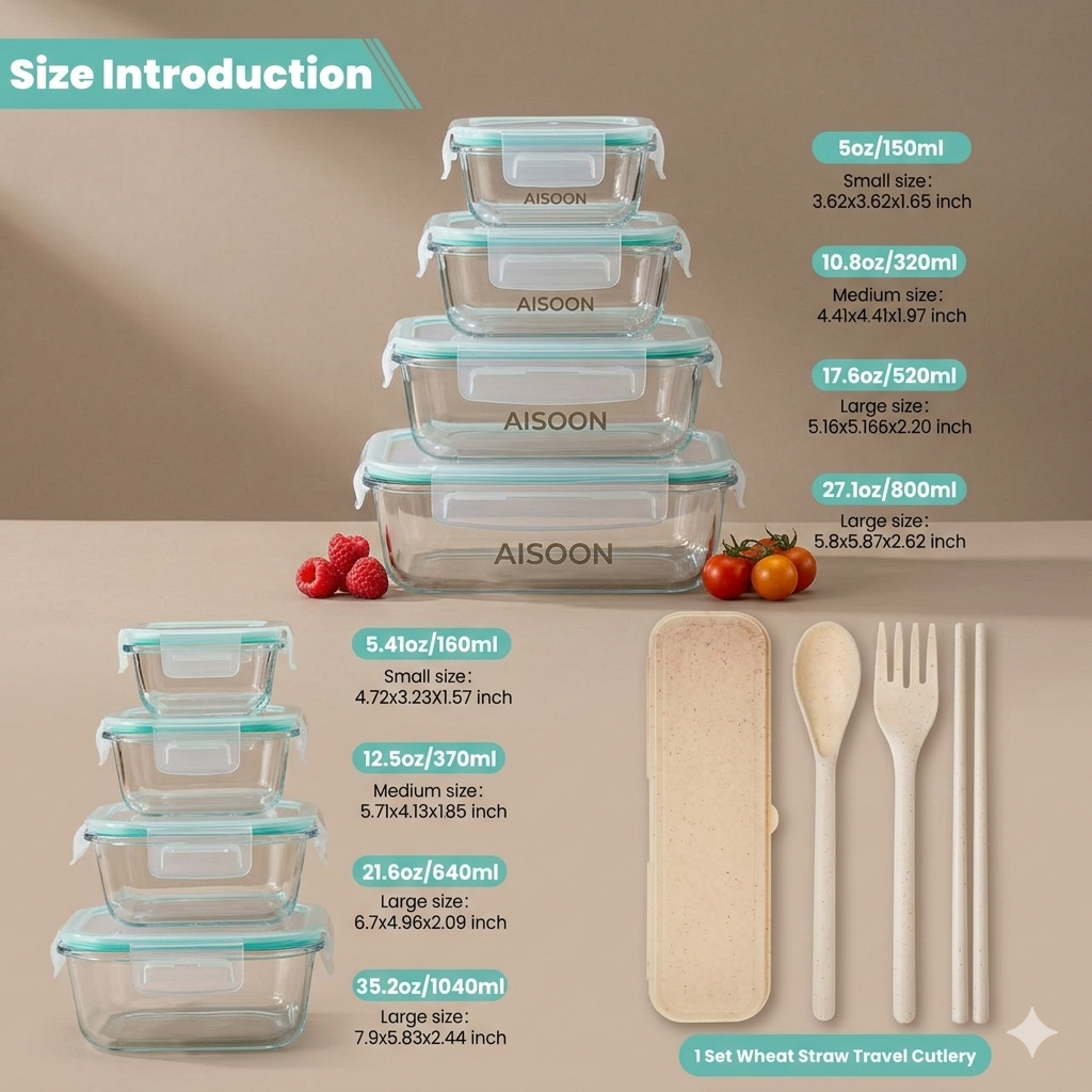 8 Pack Borosilicate Glass Food Storage Containers Set with Airtight Lids & Free Wheat Straw Utensils – Stackable BPA-Free Meal Prep Containers, Oven Microwave Freezer Dishwasher Safe (Rectangular & Square)