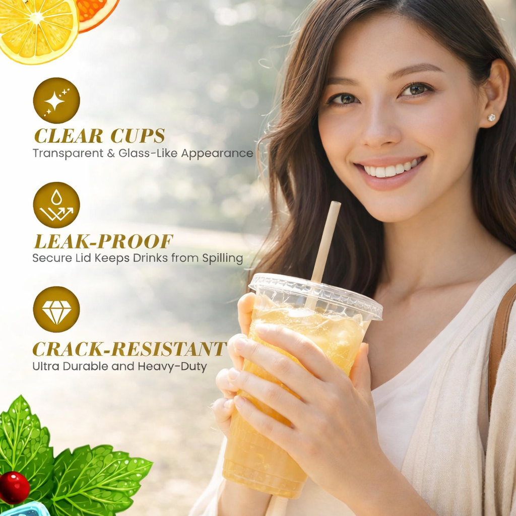 50-Pack Clear Plastic Iced Coffee Cups (12–32 oz) with Lids & Paper Straws – Disposable To-Go Cups for Smoothies, Milkshakes, Cold Drinks & Coffee Bar Supplies