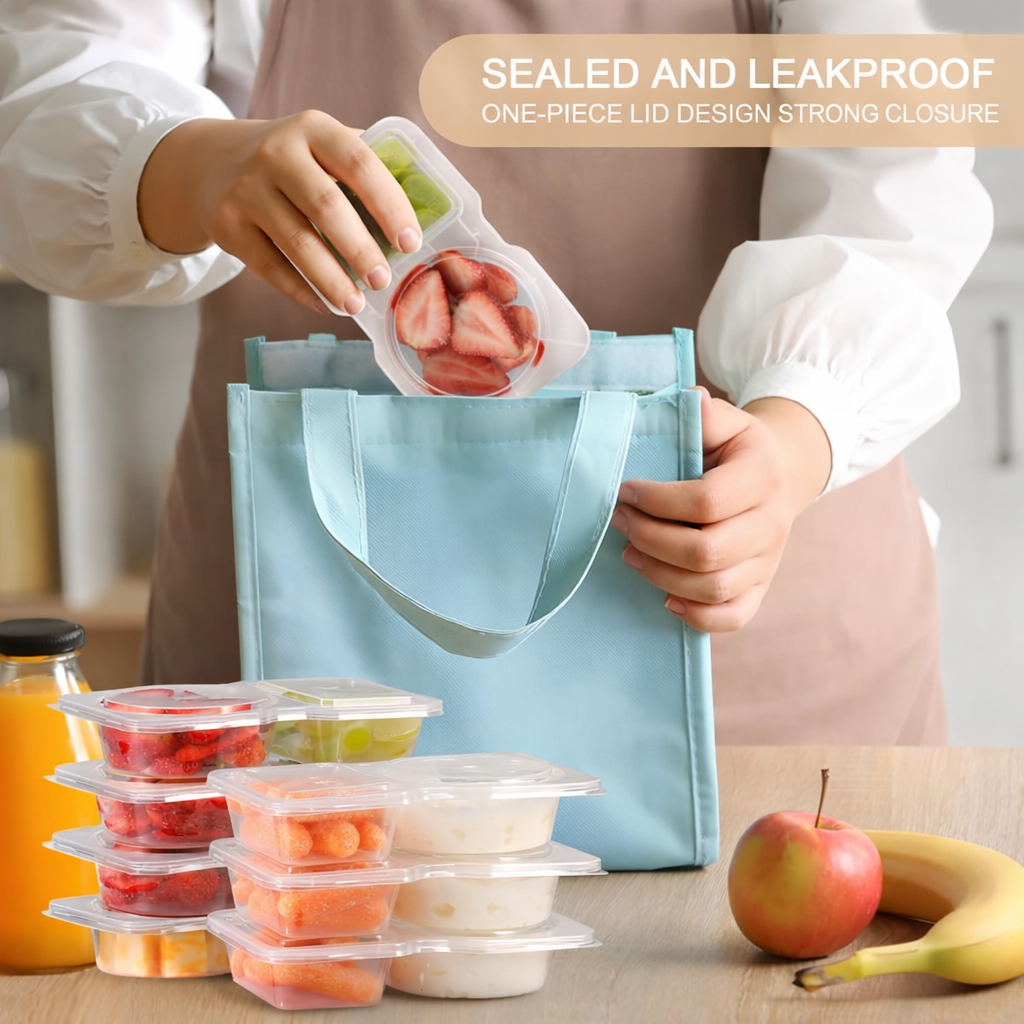 40 Pack Reusable 2-Compartment Snack Containers with Lids – BPA-Free Portion Control Snack Boxes, Leak-Resistant Stackable Food Prep Containers for Kids & Adults, School, Travel & Camping