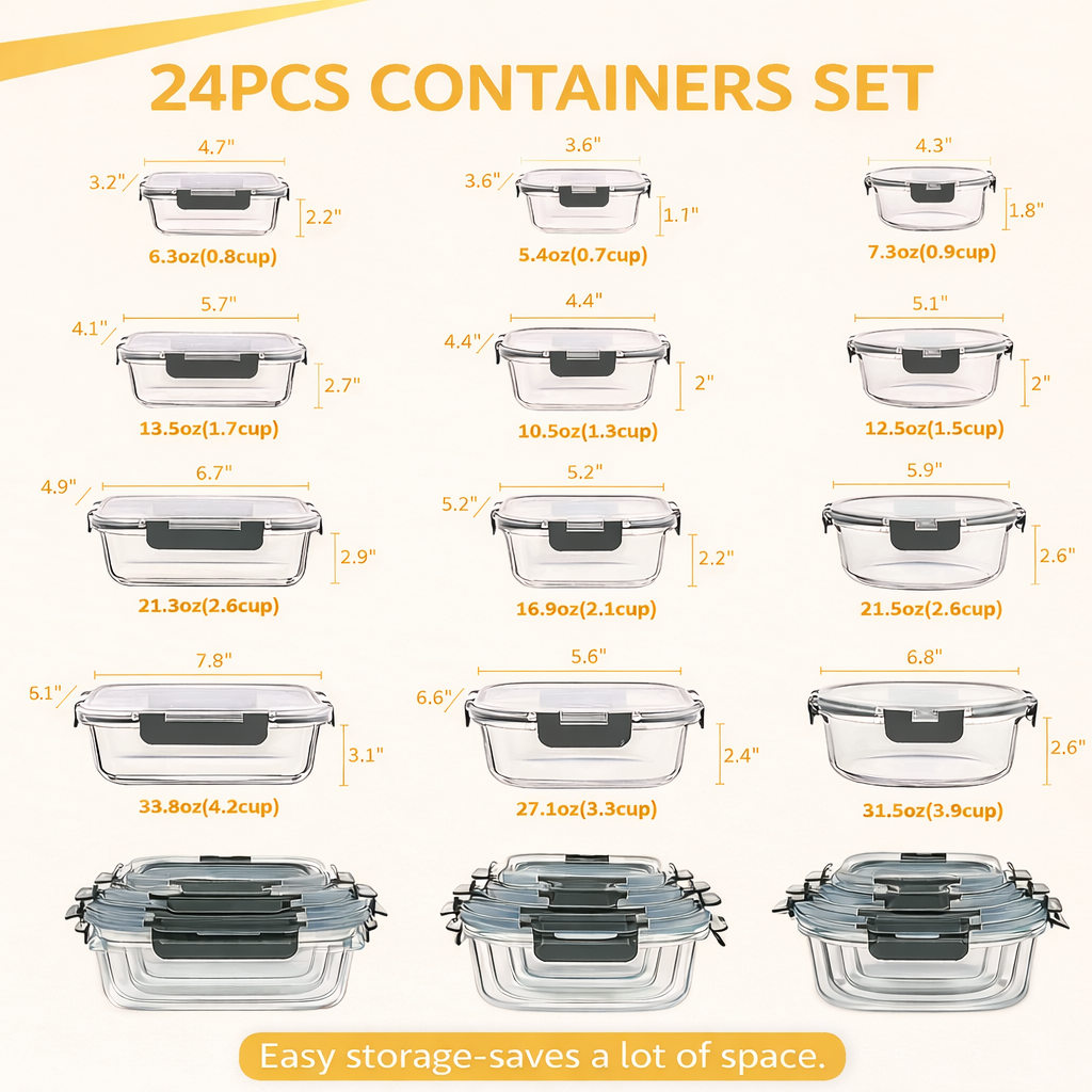 AISOON 24-Piece Borosilicate Glass Food Storage Containers Set