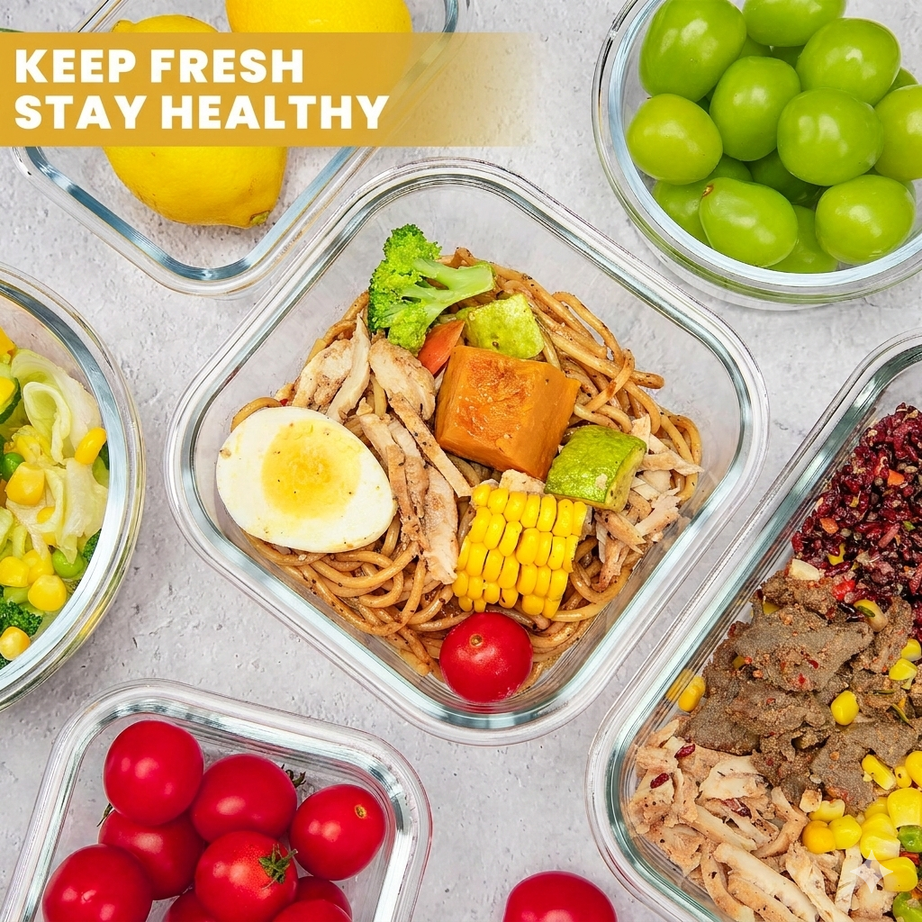 8 Pack Borosilicate Glass Food Storage Containers Set with Airtight Lids & Free Wheat Straw Utensils – Stackable BPA-Free Meal Prep Containers, Oven Microwave Freezer Dishwasher Safe (Rectangular & Square)