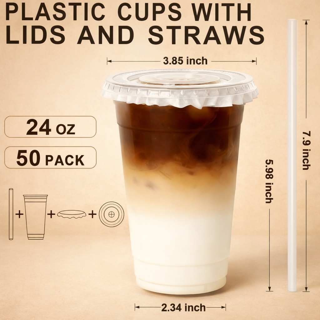 50-Pack Clear Plastic Iced Coffee Cups (12–32 oz) with Lids & Paper Straws – Disposable To-Go Cups for Smoothies, Milkshakes, Cold Drinks & Coffee Bar Supplies