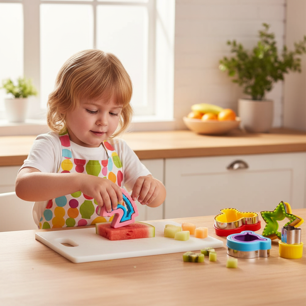 Child playing with colorful kitchen toys on a wooden table