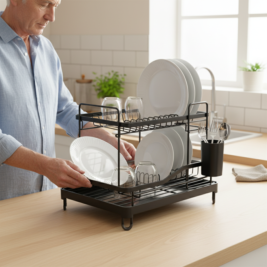 Person using a dish rack in a kitchen setting