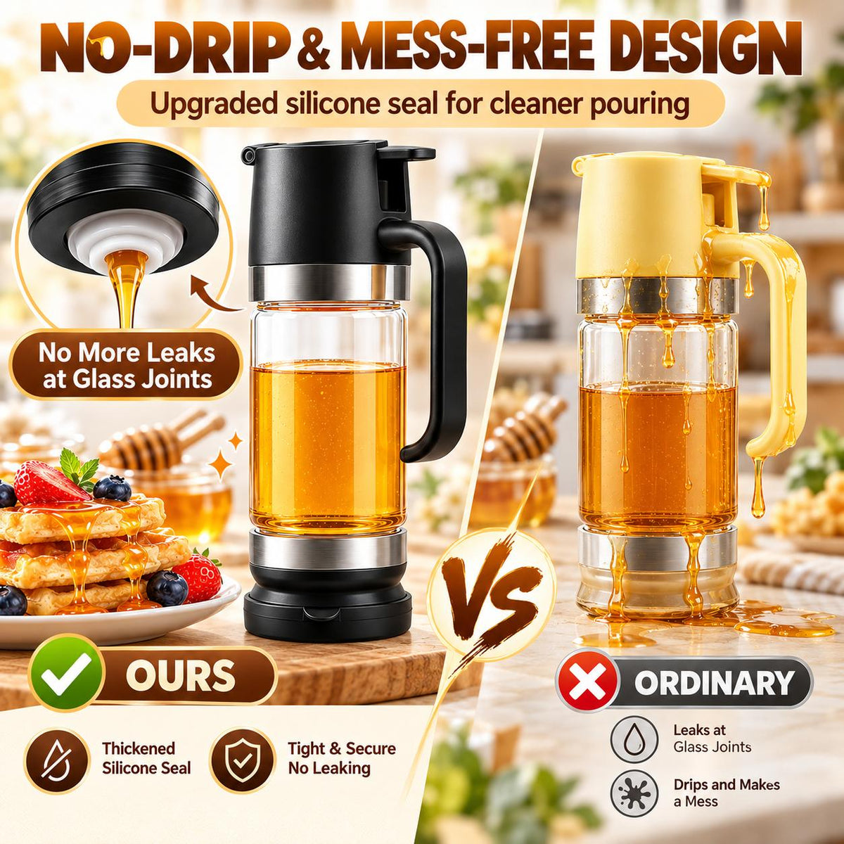 AISOON®️ 10oz Reusable Glass Honey Dispenser with Handle, Lid - No Drip, Leakproof
