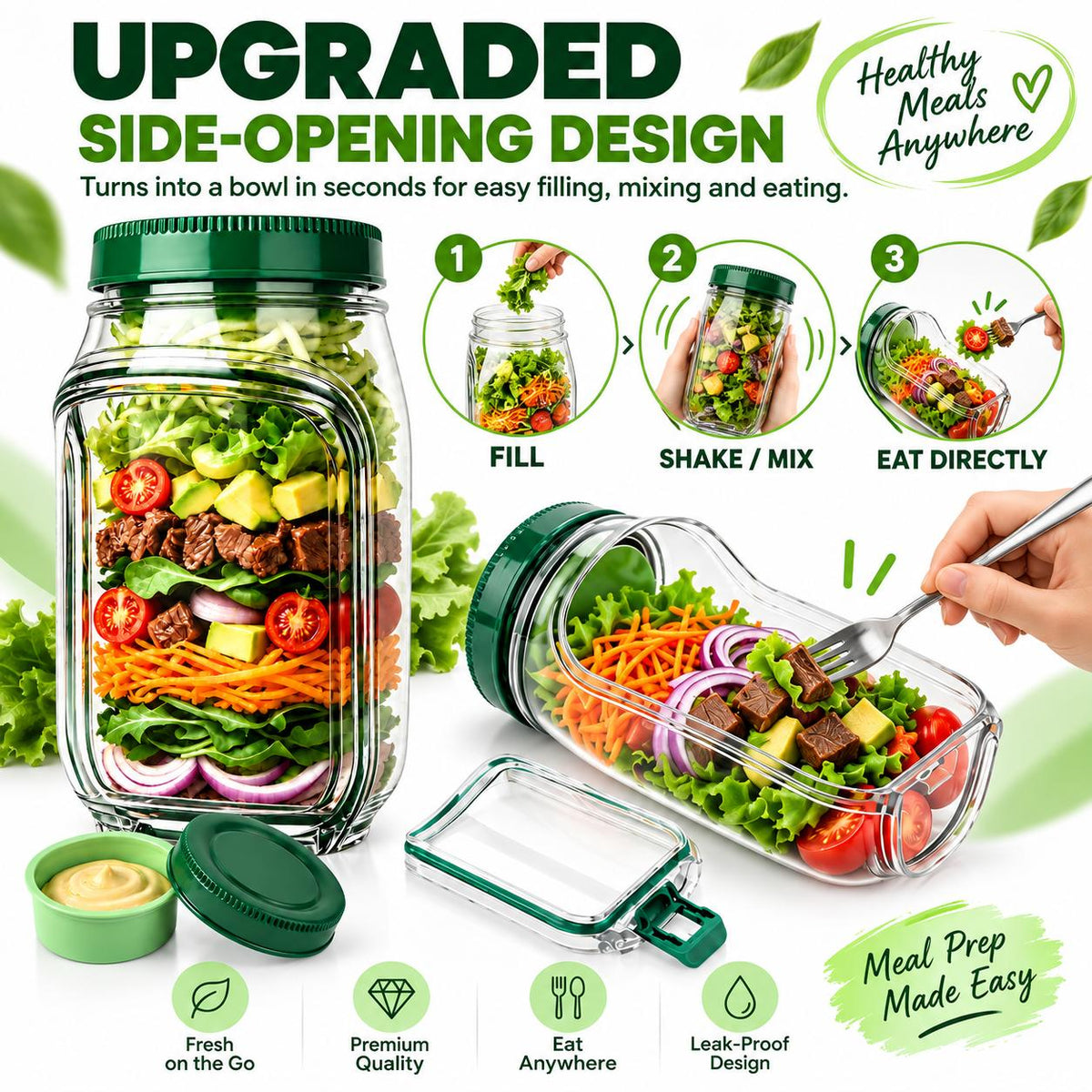 AISOON®️ 35oz Reusable Salad Jar with Dressing Cup, Side Opening & Leakproof Lid