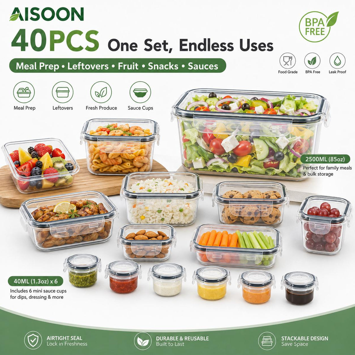AISOON®️ 40 Pcs 20 Packs Food Storage Container Set – Airtight BPA-Free Meal Prep Containers