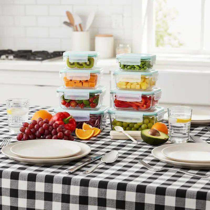 Stack of glass food containers with food on a kitchen table with checkered tablecloth