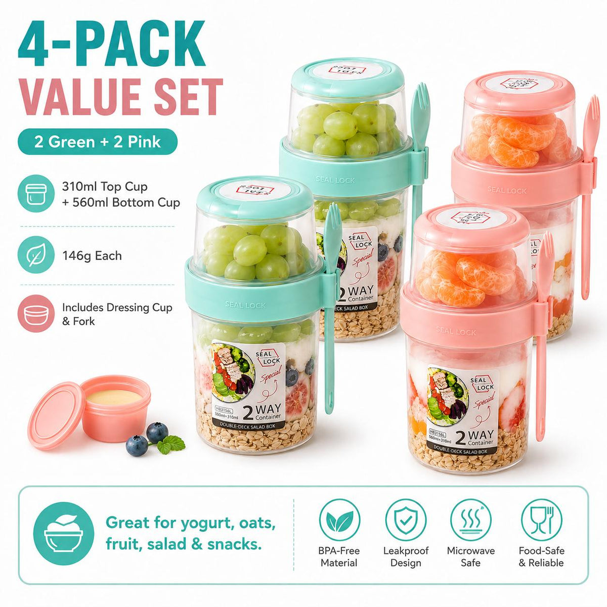 AISOON®️ 4-Pack Kitchen Utensils Set Cylindrical BPA-Free Airtight Overnight Oats Containers,