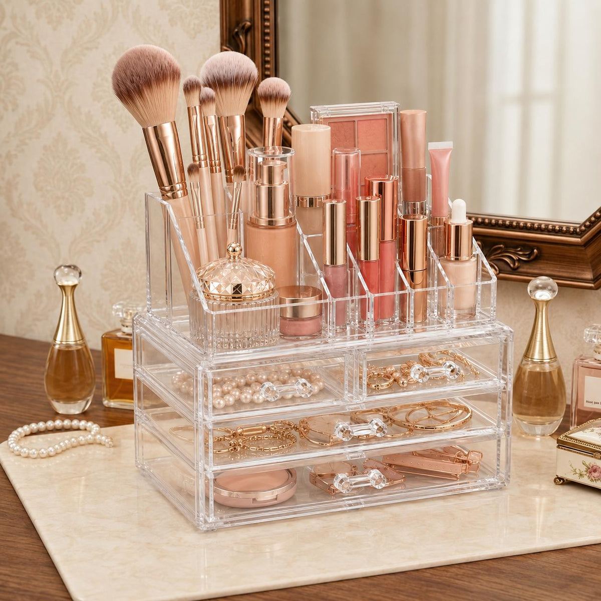 AISOON®️ 4 Drawer Acrylic Cosmetic Organizer, Clear Makeup Storage Box with 16 Compartment