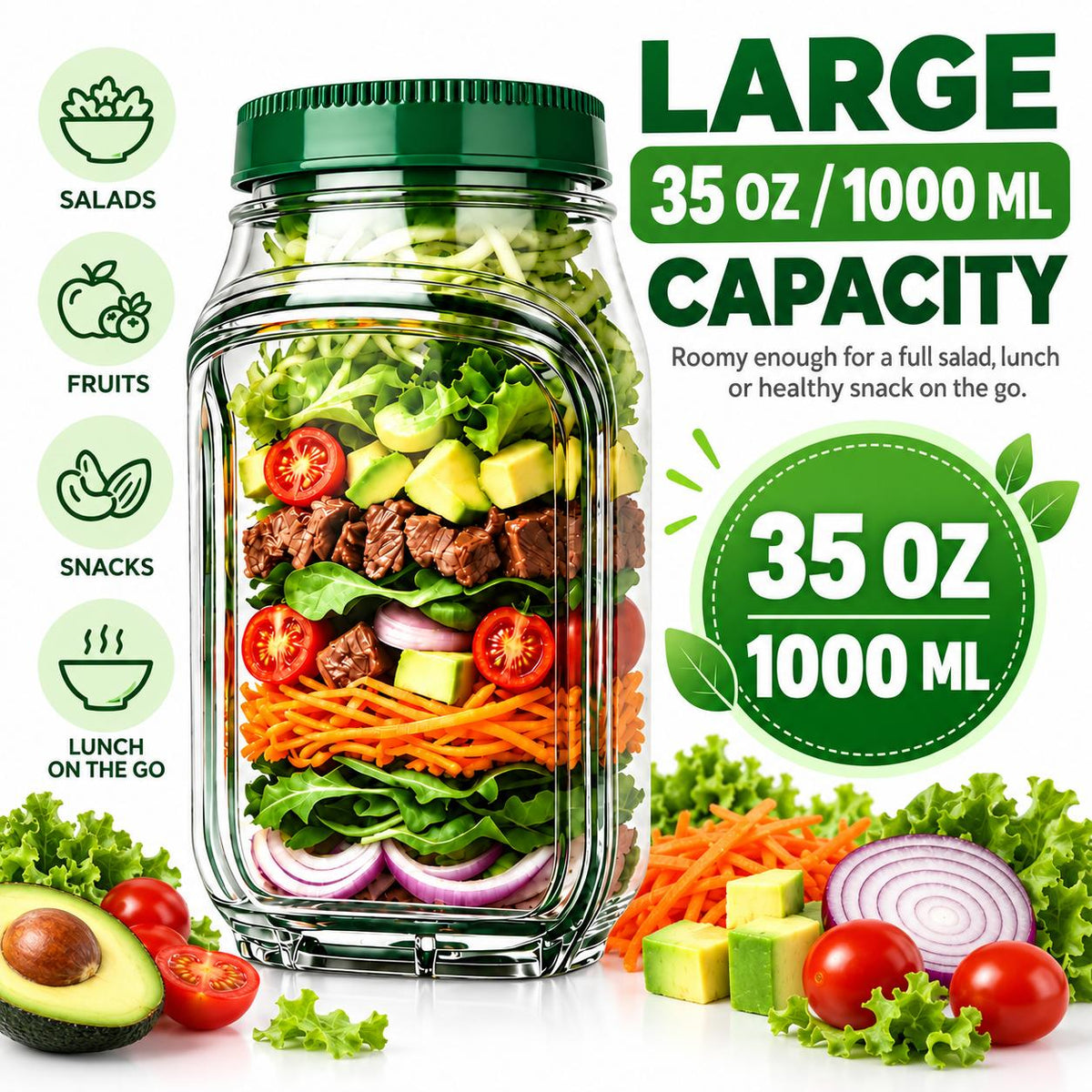 AISOON®️ 35oz Reusable Salad Jar with Dressing Cup, Side Opening & Leakproof Lid