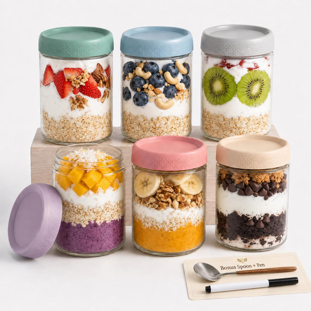AISOON®️ 16oz Overnight Oats Containers with Lids - 6 Pack Glass Storage Jars with Airtight Lids