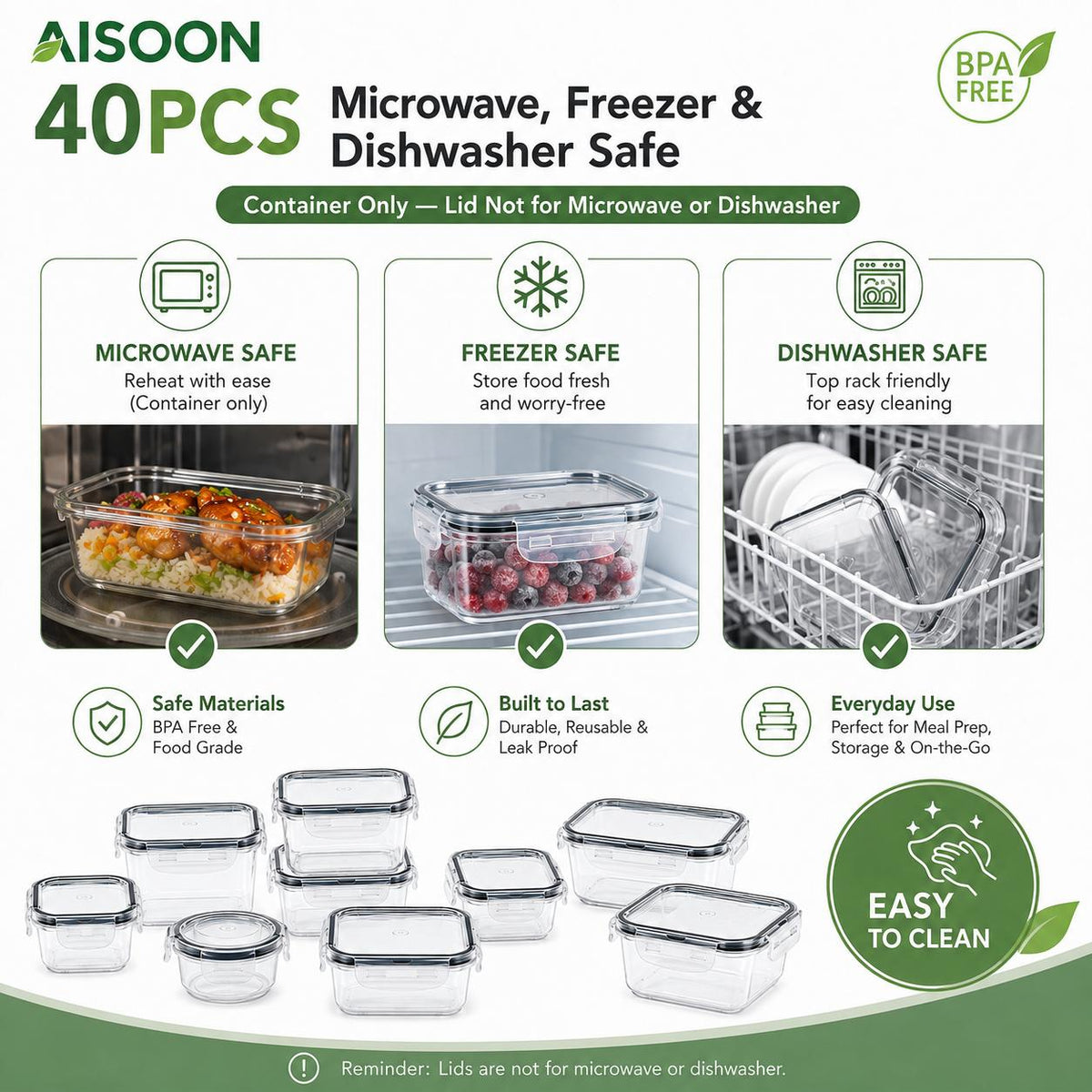 AISOON®️ 40 Pcs 20 Packs Food Storage Container Set – Airtight BPA-Free Meal Prep Containers