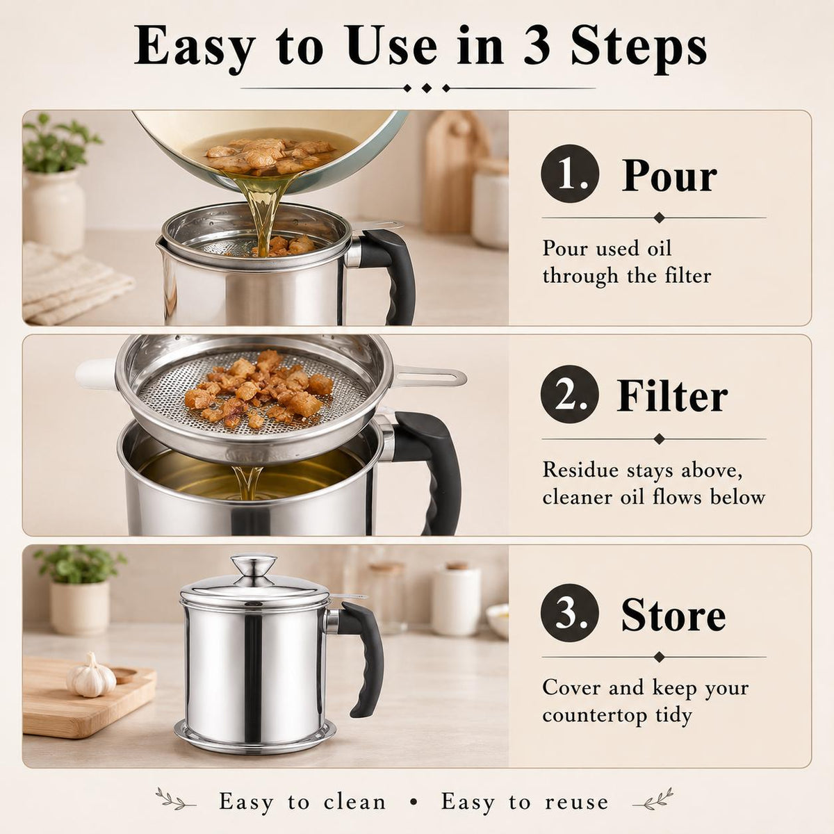 AISOON®️ 1400ML Bacon Grease Container with Strainer, 304 Stainless Steel Oil Filter Pot