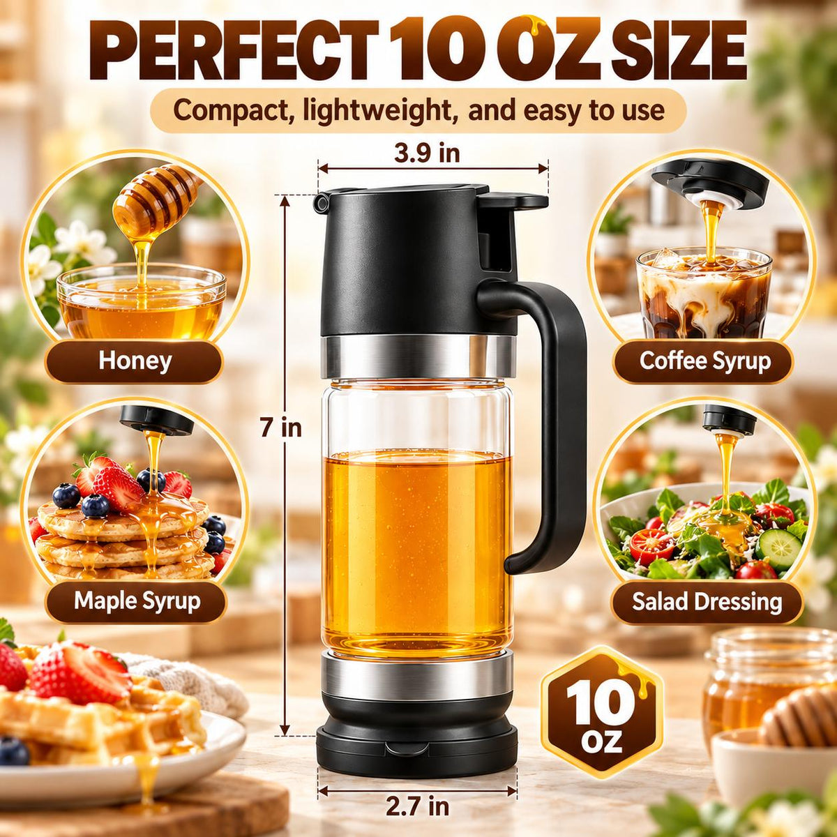 AISOON®️ 10oz Reusable Glass Honey Dispenser with Handle, Lid - No Drip, Leakproof