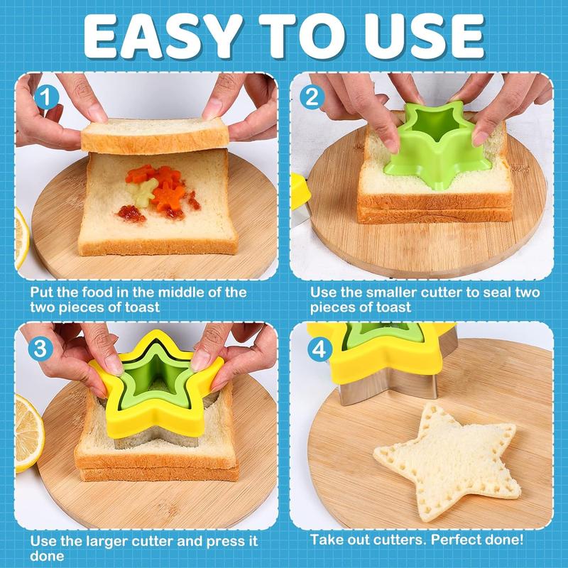 Step-by-step guide on using star-shaped toast cutters with text 'Easy to Use'.