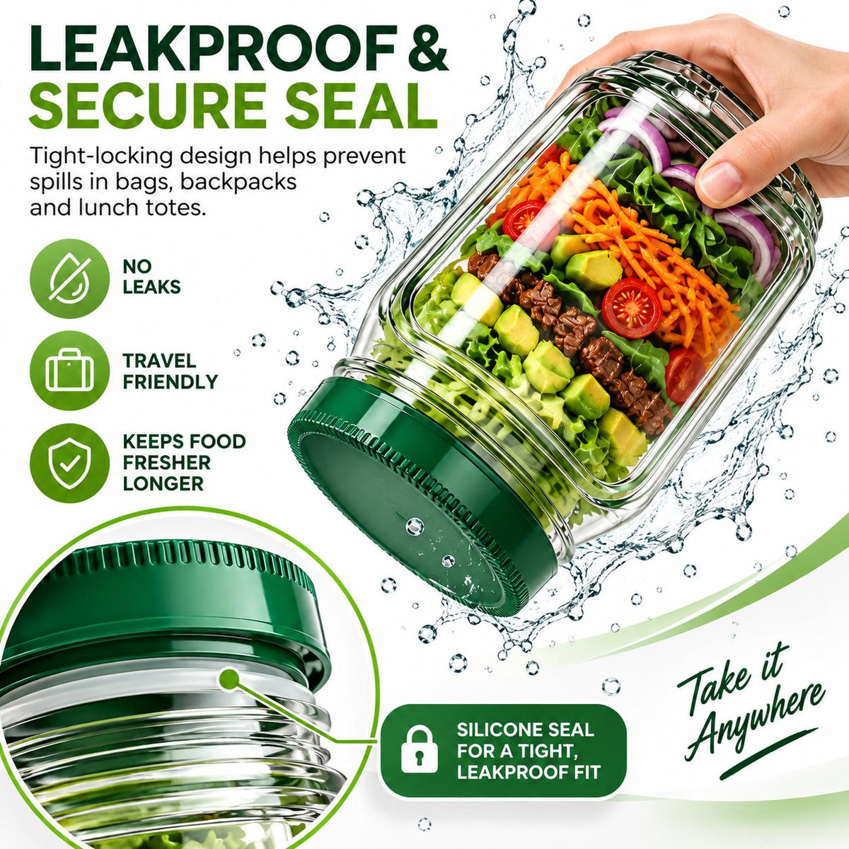 AISOON®️ 35oz Reusable Salad Jar with Dressing Cup, Side Opening & Leakproof Lid