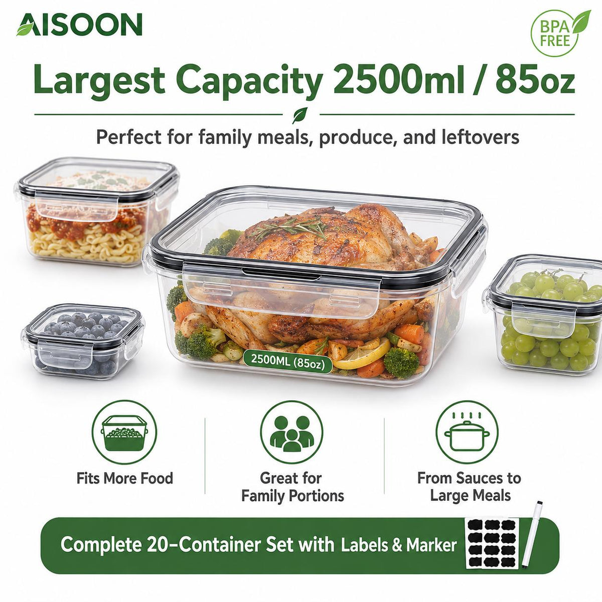 AISOON®️ 40 Pcs 20 Packs Food Storage Container Set – Airtight BPA-Free Meal Prep Containers