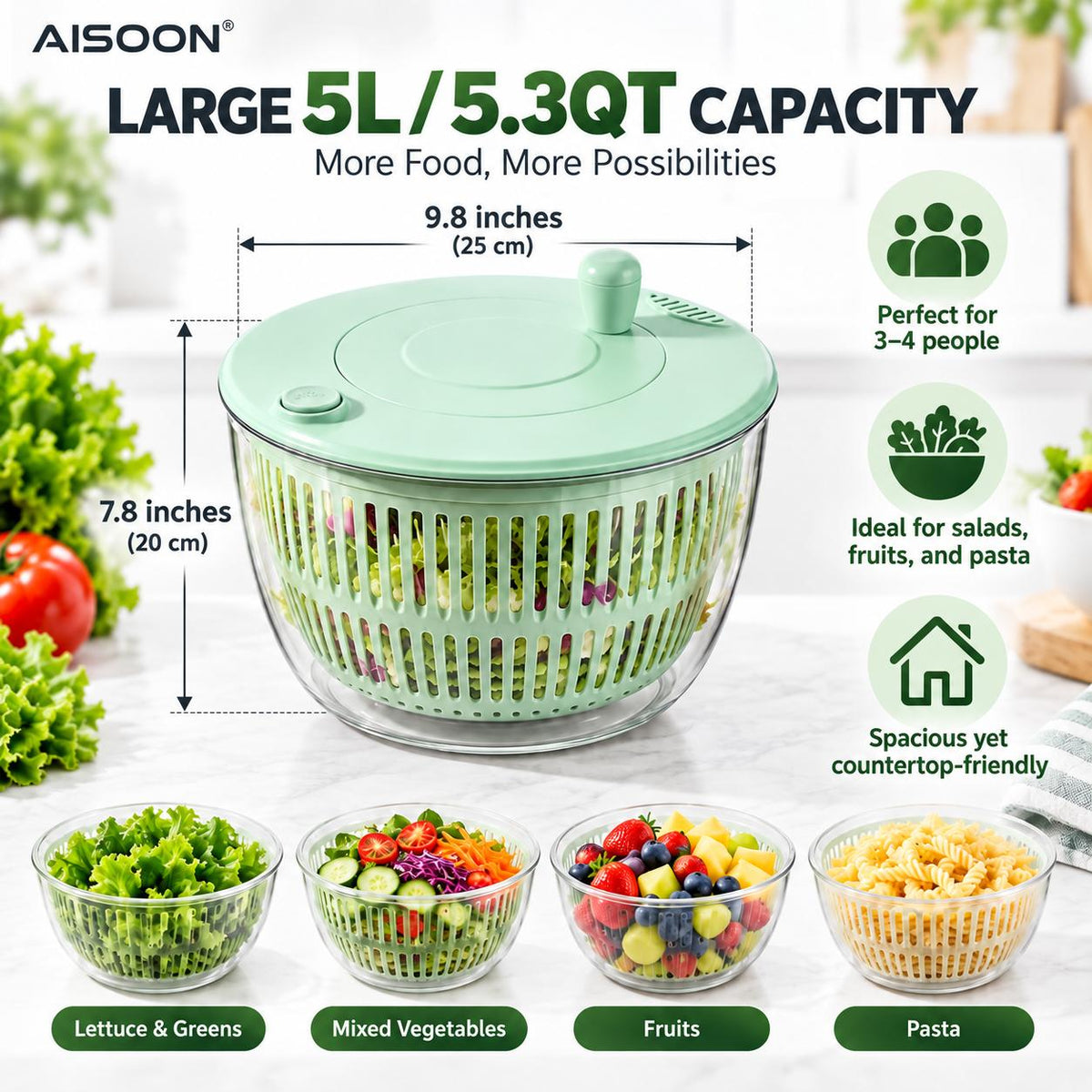 AISOON®️ 5.3 Qt 3-in-1 Salad Spinner, Vegetable Washer & Food Slicer with 5 Interchangeable 304 Stainless Steel Blades