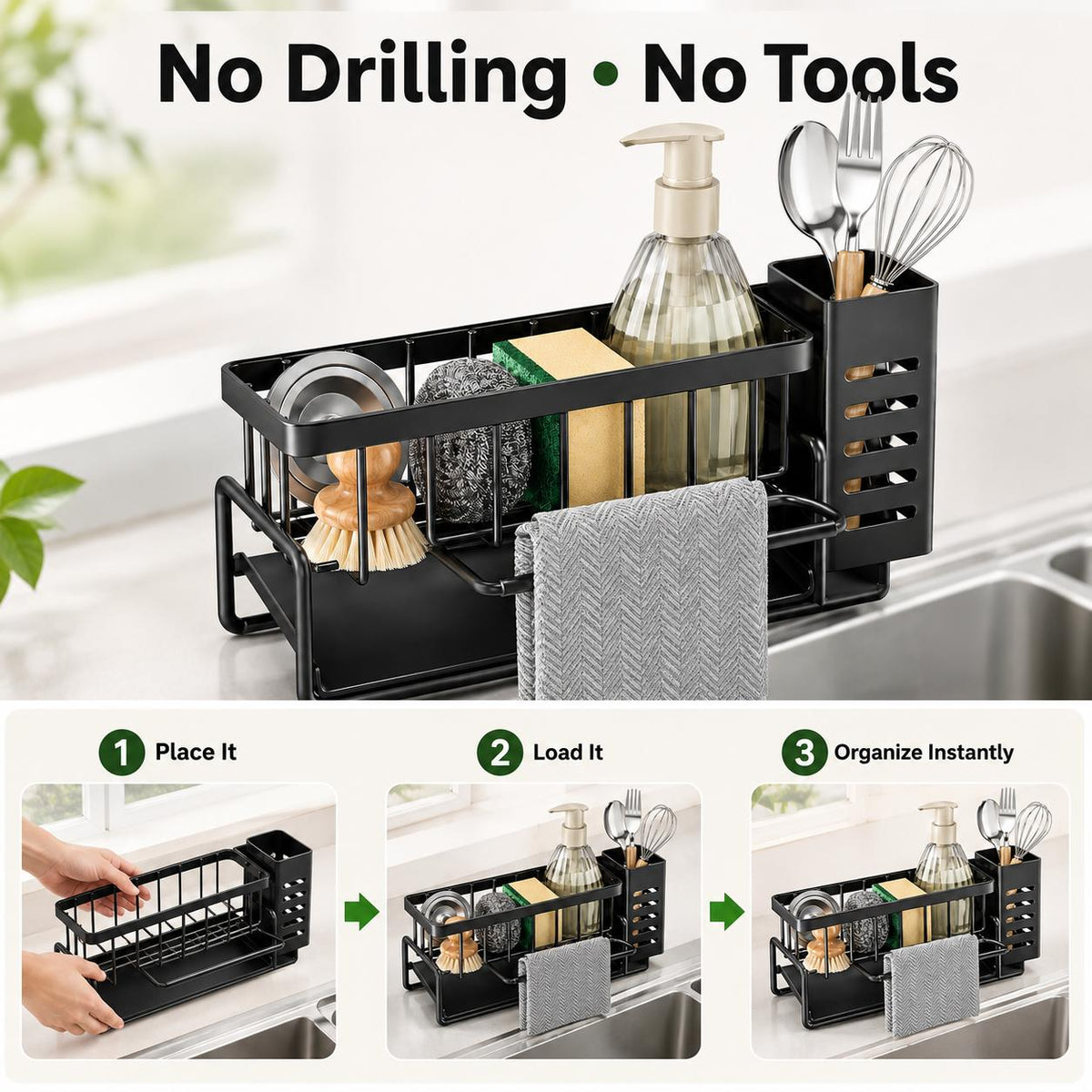 AISOON®️ Compact Carbon Steel Sink Caddy Organizer with Drain Tray