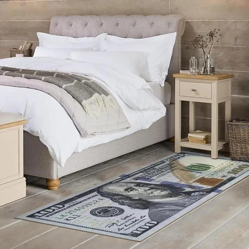 Bedroom with a bed, nightstands, and a dollar bill-themed rug on the floor.