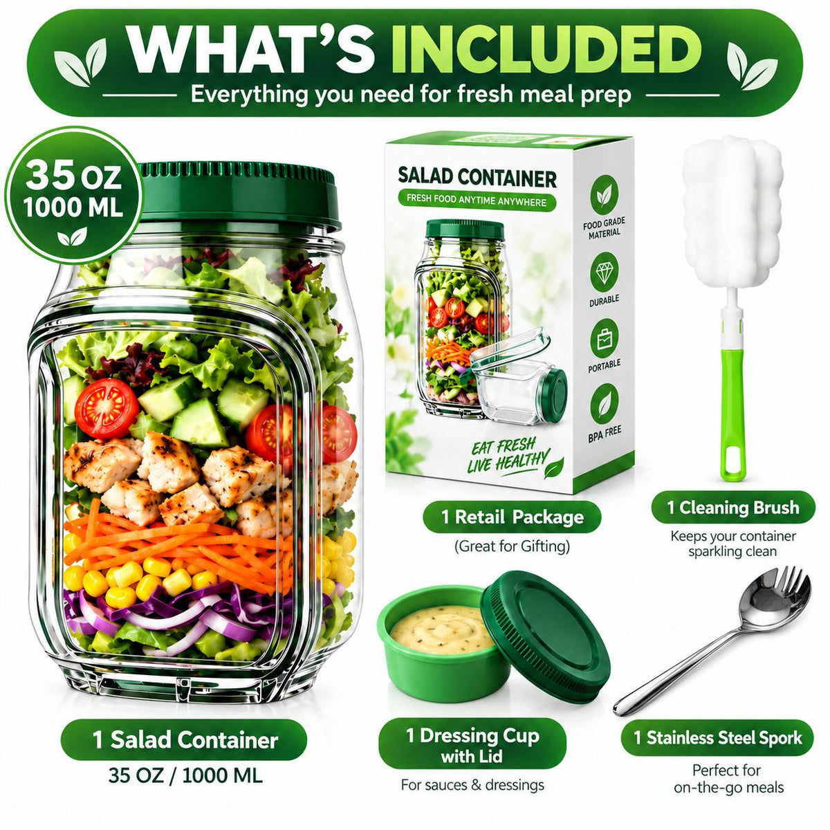 AISOON®️ 35oz Reusable Salad Jar with Dressing Cup, Side Opening & Leakproof Lid