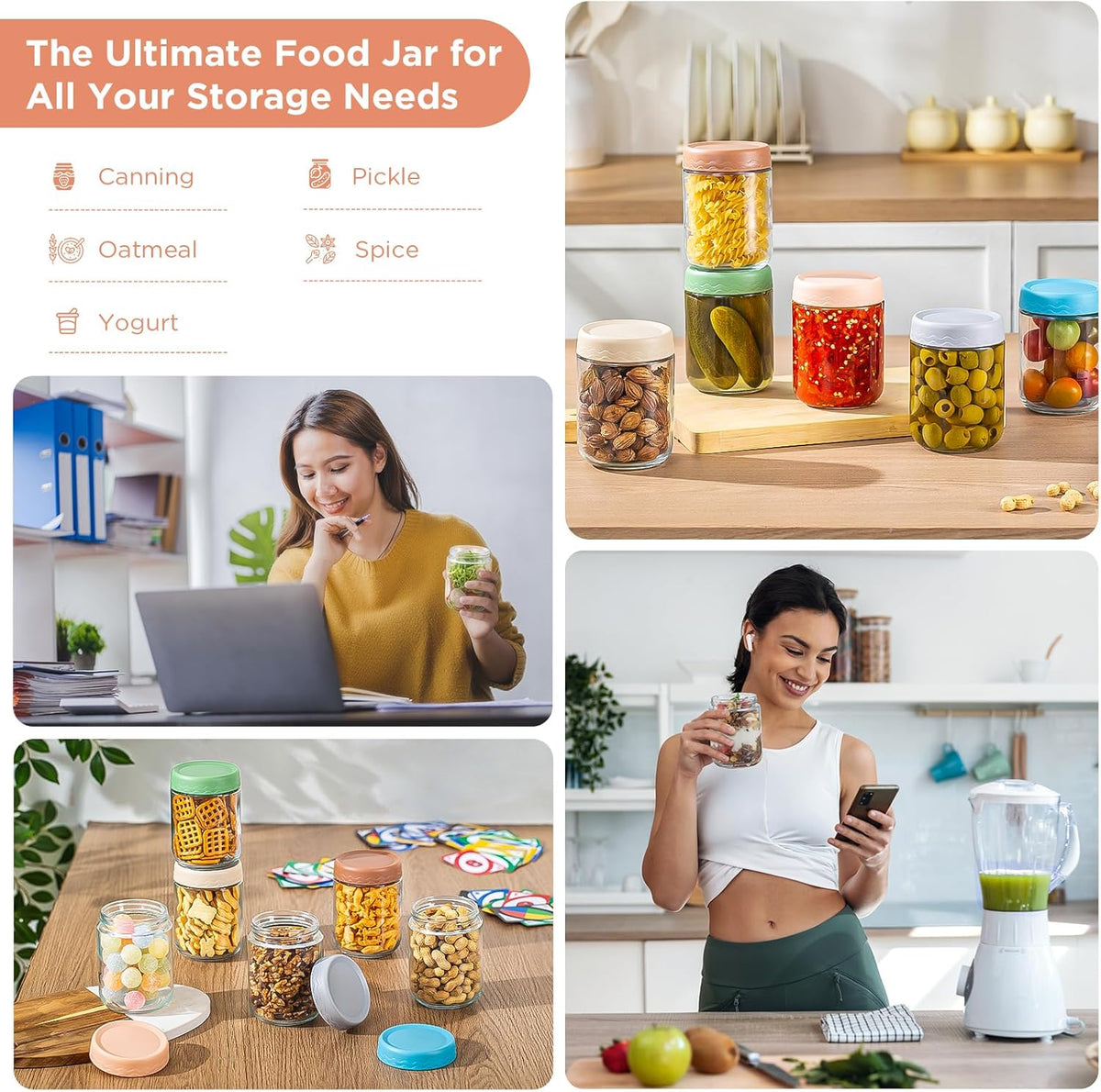 AISOON®️ 16oz Overnight Oats Containers with Lids - 6 Pack Glass Storage Jars with Airtight Lids