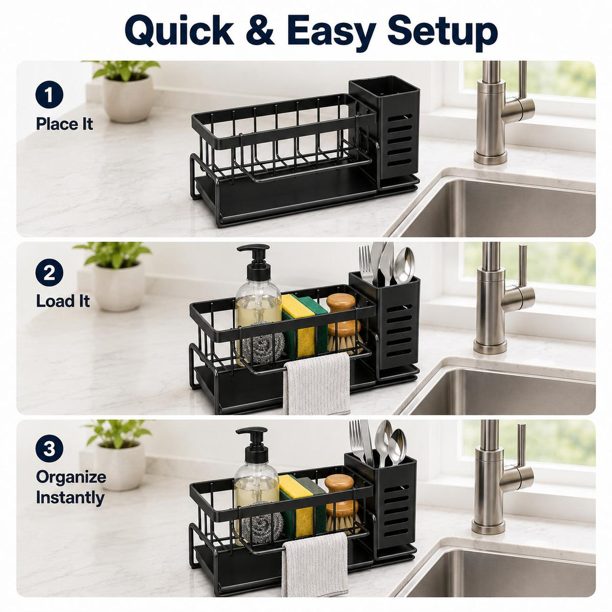 AISOON®️ Compact Carbon Steel Sink Caddy Organizer with Drain Tray