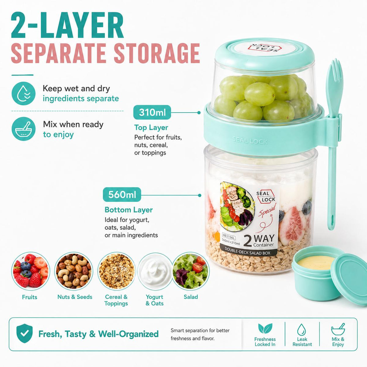 AISOON®️ 4-Pack Kitchen Utensils Set Cylindrical BPA-Free Airtight Overnight Oats Containers,