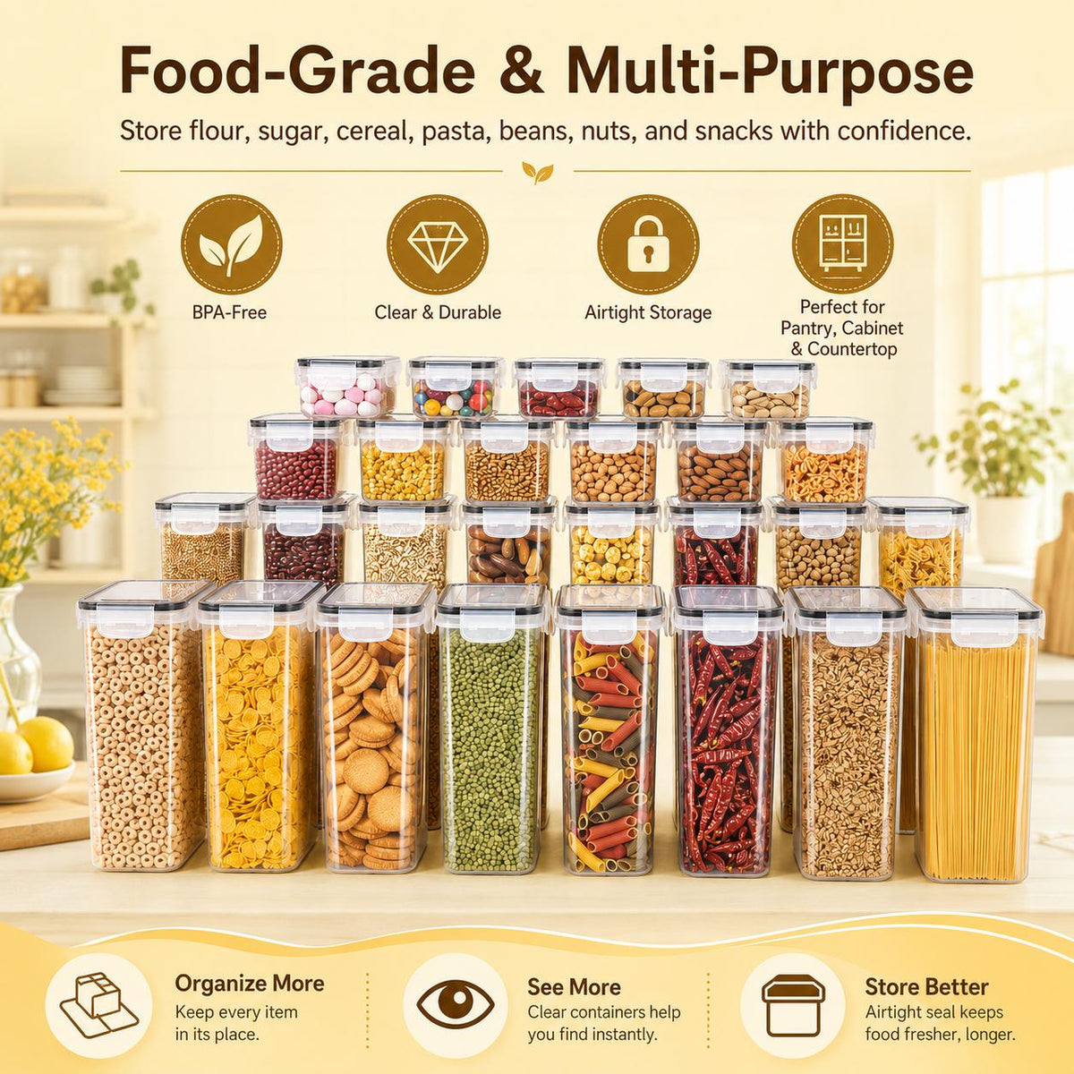 AISOON®️ 32 PACK Plastic Kitchen Canisters Set - BPA-Free Silicone-Sealed Stackable Snack Containers