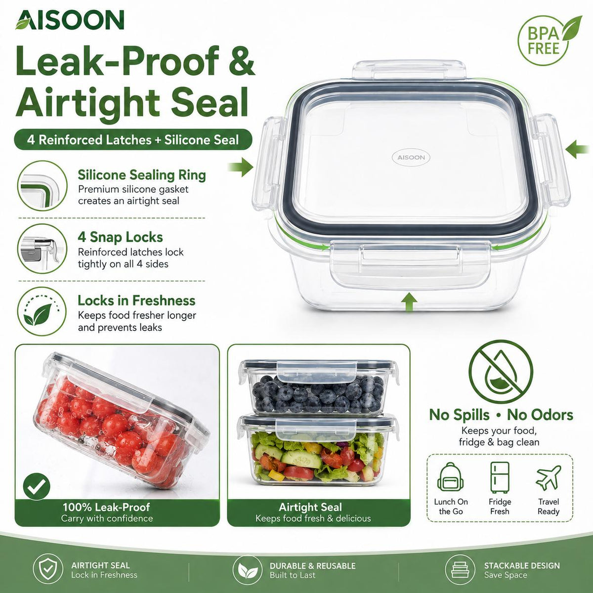AISOON®️ 40 Pcs 20 Packs Food Storage Container Set – Airtight BPA-Free Meal Prep Containers