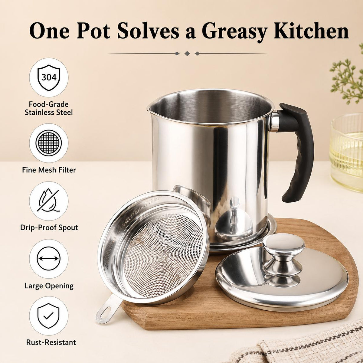 AISOON®️ 1400ML Bacon Grease Container with Strainer, 304 Stainless Steel Oil Filter Pot