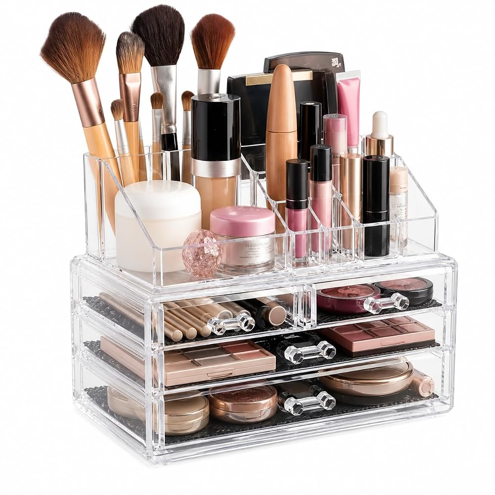 AISOON®️ 4 Drawer Acrylic Cosmetic Organizer, Clear Makeup Storage Box with 16 Compartment