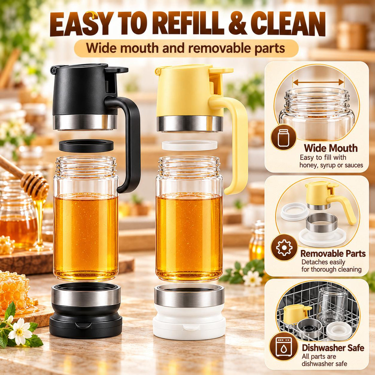 AISOON®️ 10oz Reusable Glass Honey Dispenser with Handle, Lid - No Drip, Leakproof