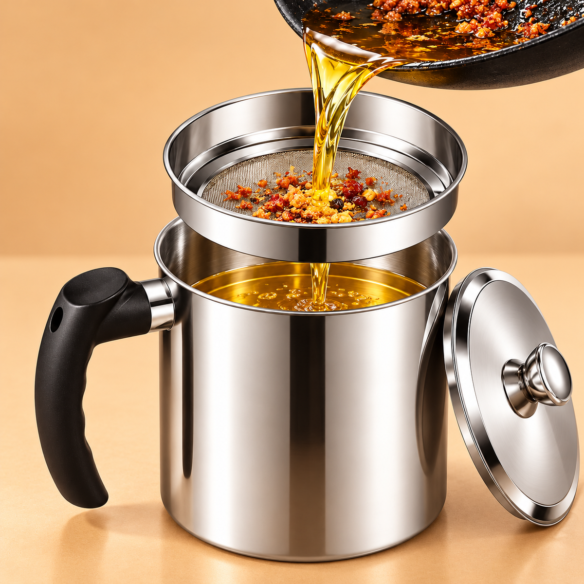AISOON®️ 1400ML Bacon Grease Container with Strainer, 304 Stainless Steel Oil Filter Pot