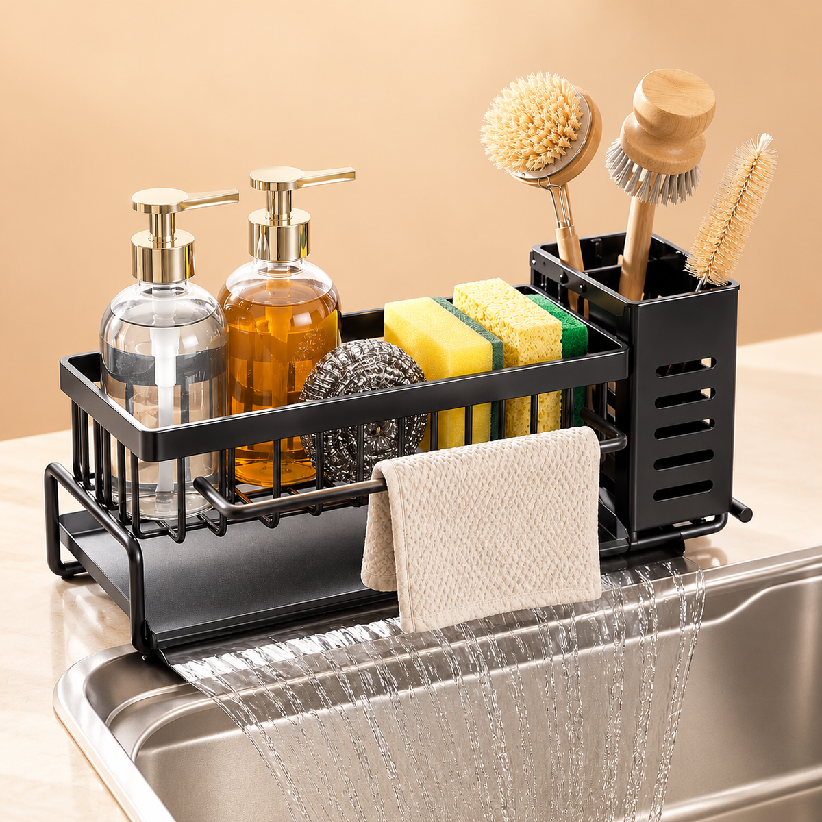 AISOON®️ Compact Carbon Steel Sink Caddy Organizer with Drain Tray