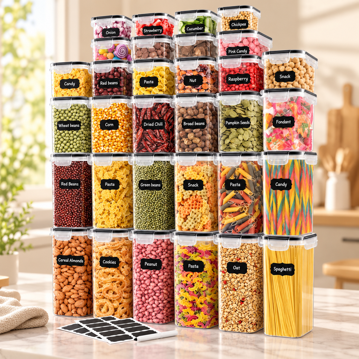 AISOON®️ 32 PACK Plastic Kitchen Canisters Set - BPA-Free Silicone-Sealed Stackable Snack Containers