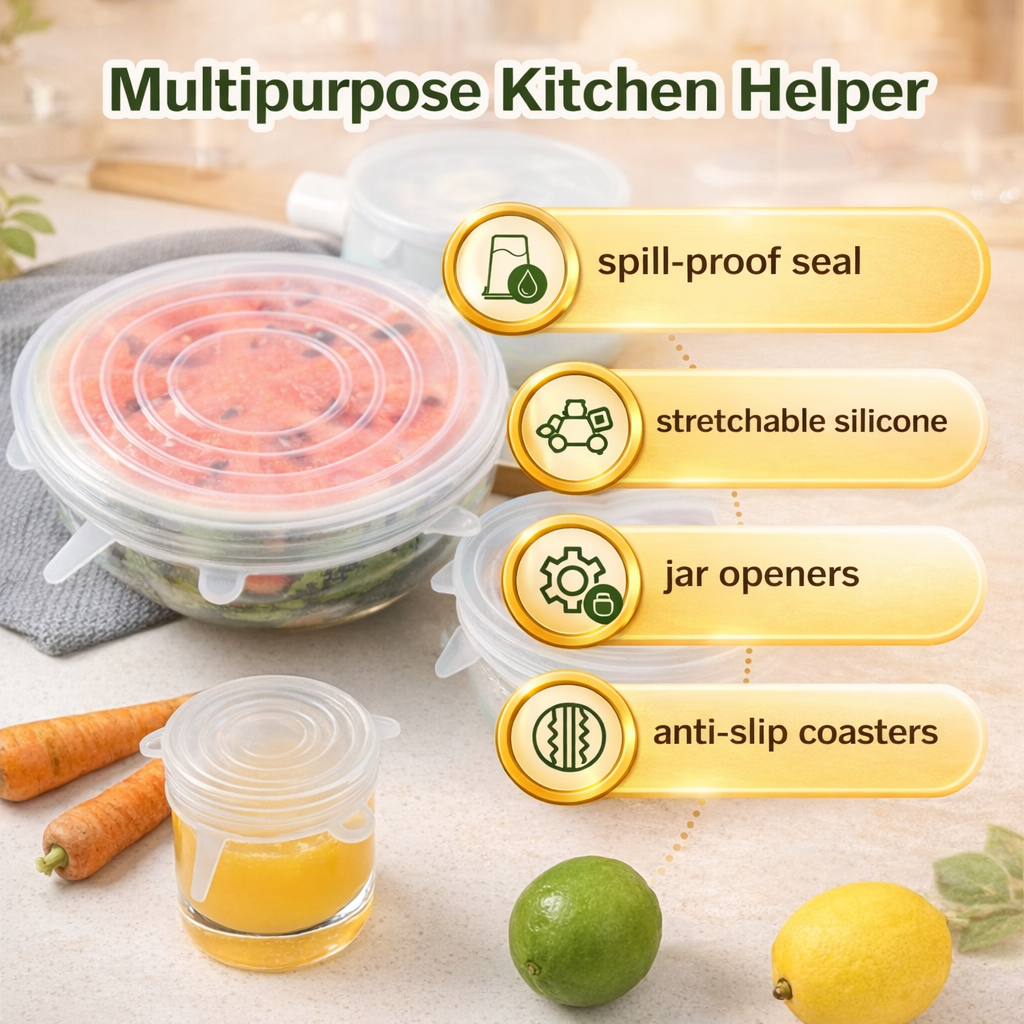 Silicone Stretch Lids – 6 Pack Reusable Food Covers, BPA-Free Flexible Silicone Bowl Covers, Airtight & Leakproof Seal for Containers, Fruits & Meal Prep, Microwave & Dishwasher Safe