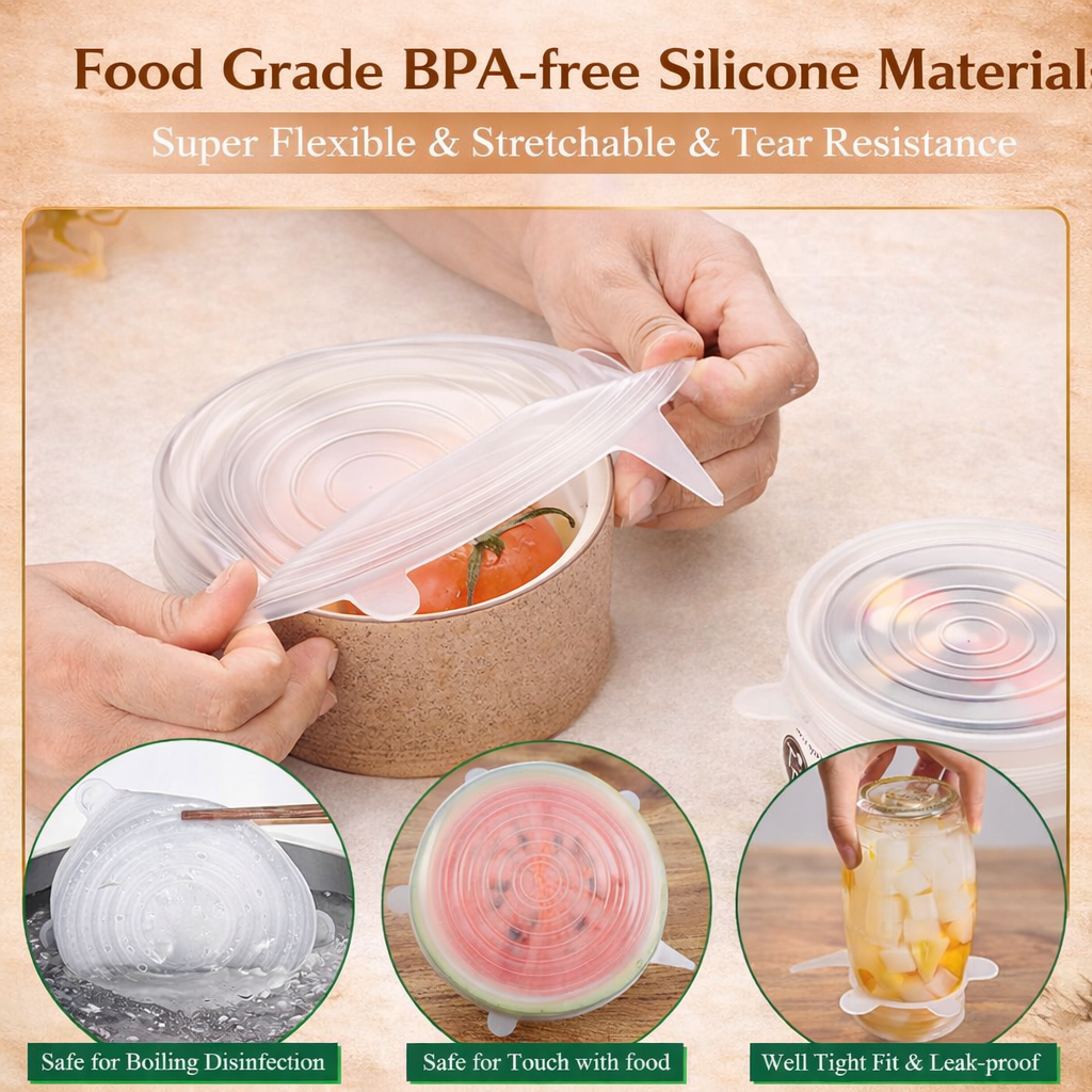 Silicone Stretch Lids – 6 Pack Reusable Food Covers, BPA-Free Flexible Silicone Bowl Covers, Airtight & Leakproof Seal for Containers, Fruits & Meal Prep, Microwave & Dishwasher Safe